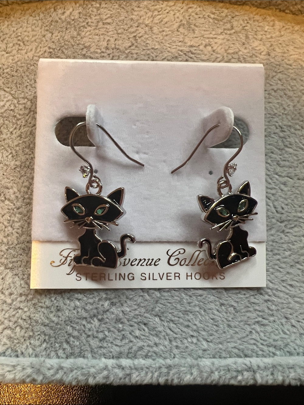 Sterling Silver Black Cat Drop Earrings with Green Eyes